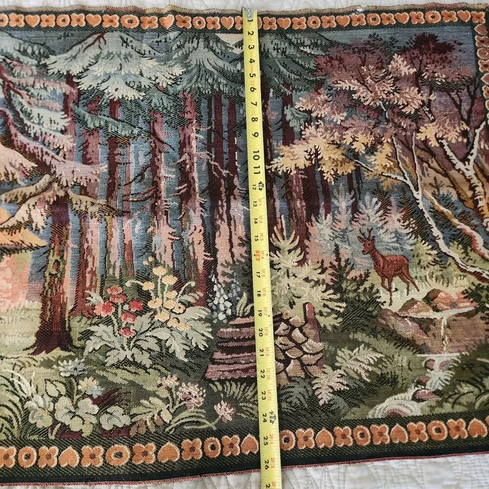 Vintage German Black Forest Gobelin Tapestry Wall Hanging Cottage Deer 50